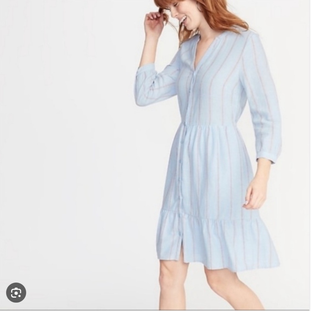 Old Navy Striped 3/4 Sleeve Button Down Dress Ruffle Hem